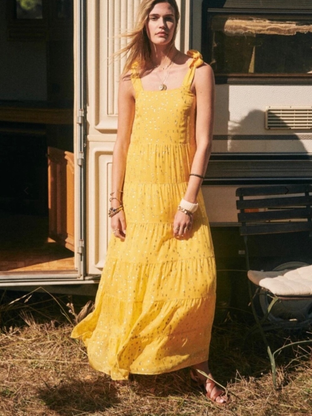 Sézane Annie Yellow Metallic Floral Tiered Maxi Dress | Size 34